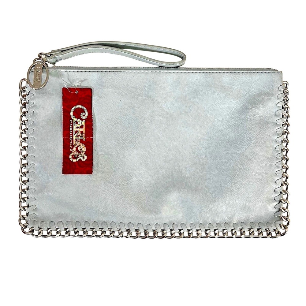 Carlos by Carlos Santana Leather Clutch Wristlet Ice Blue Chain Trim Moto NEW